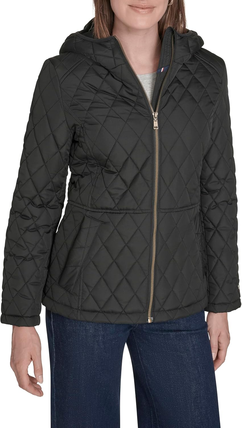 

Женская стеганая куртка Tommy Hilfiger с длинным рукавом и застежкой-молнией, Black