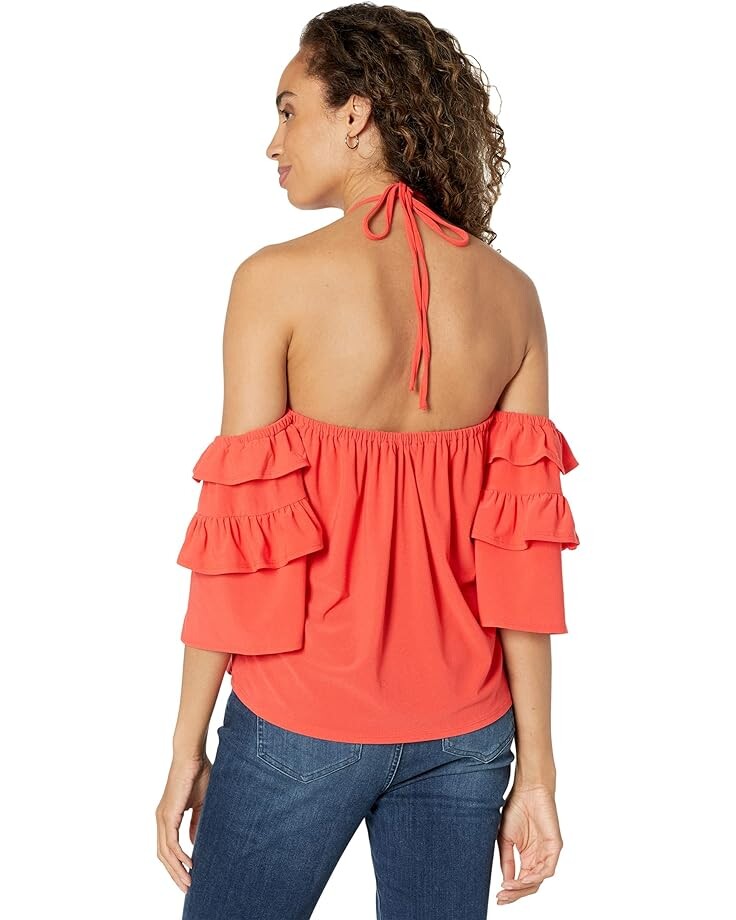 

Топ CeCe Off-the-Shoulder Ruffled Knit Top, цвет Coral Sunset