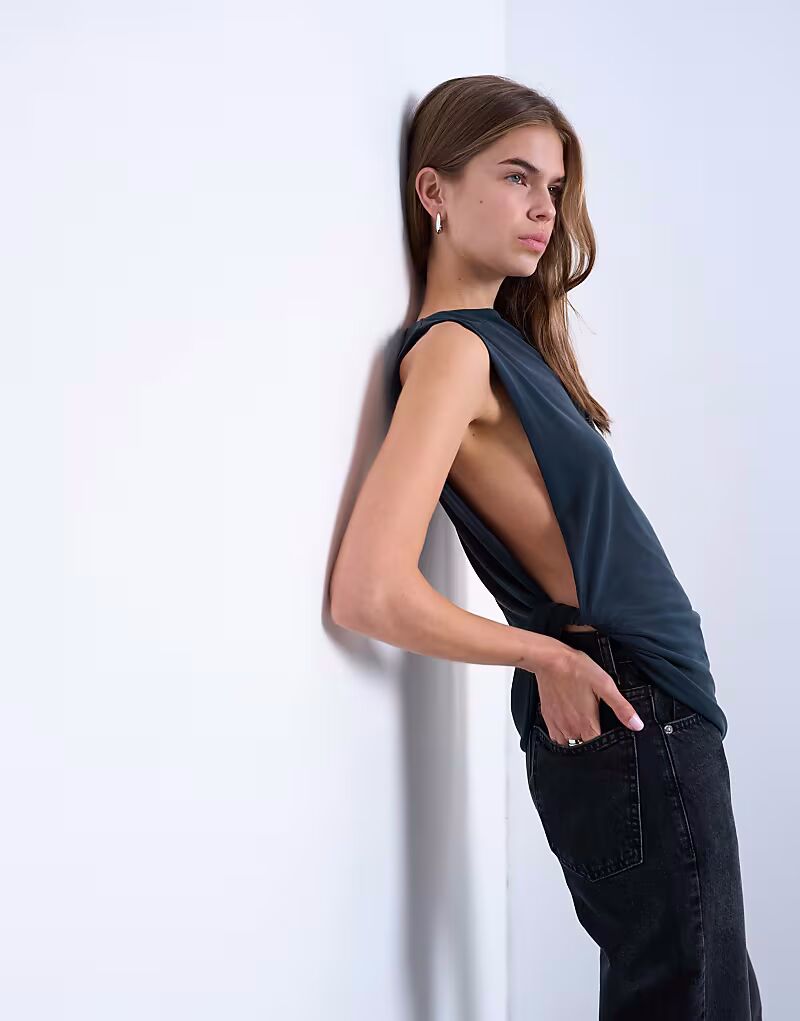 

Топ без рукавов из купро с узлом по бокам, темно-серый Topshop