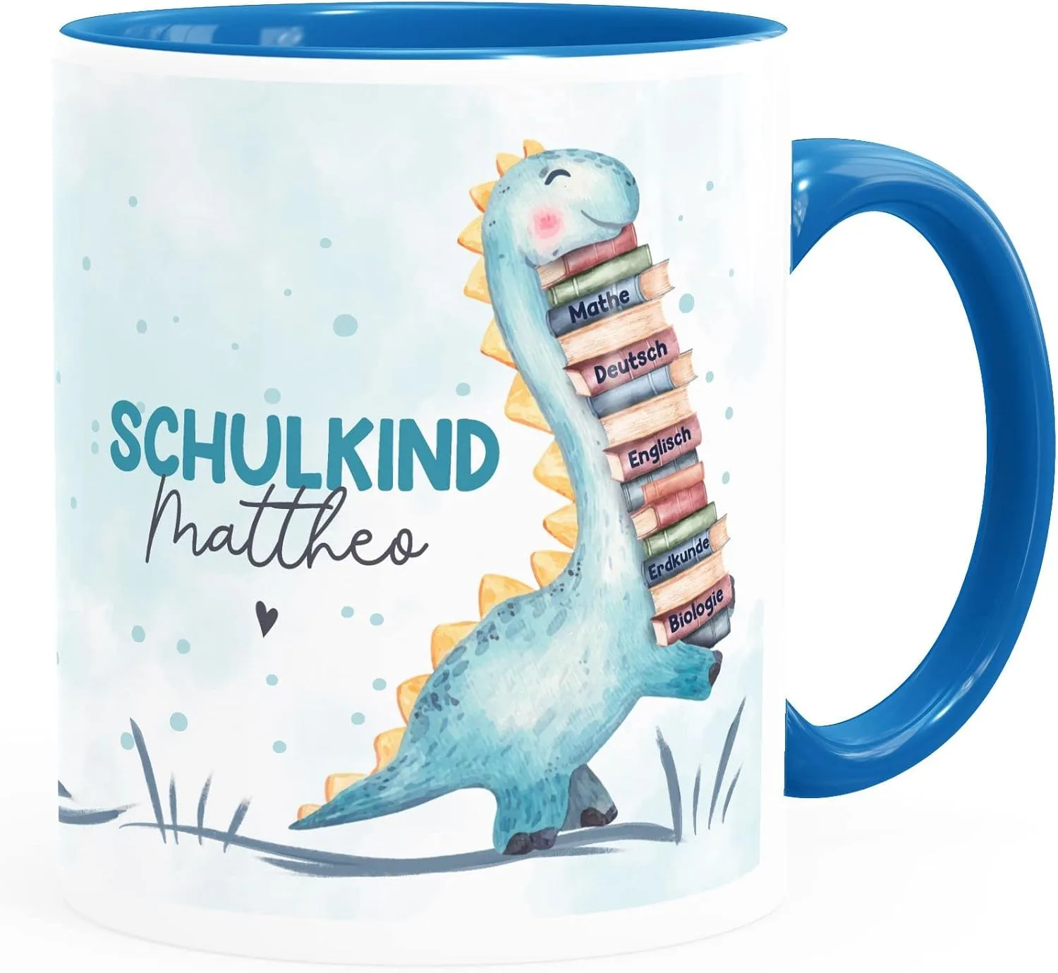 Кружка Schulkind Dino с именем для школы, детская керамическая, для мальчиков и девочек, белая внутри, синяя, стандартная SpecialMe