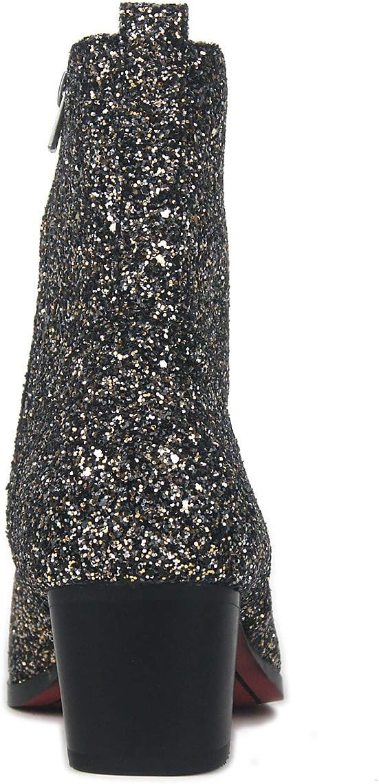 Мужские кожаные ботинки OSSTONE Dress Boot с блестками, дизайнерские чукка, повседневные туфли на каблуке с молнией, черный — фото 4