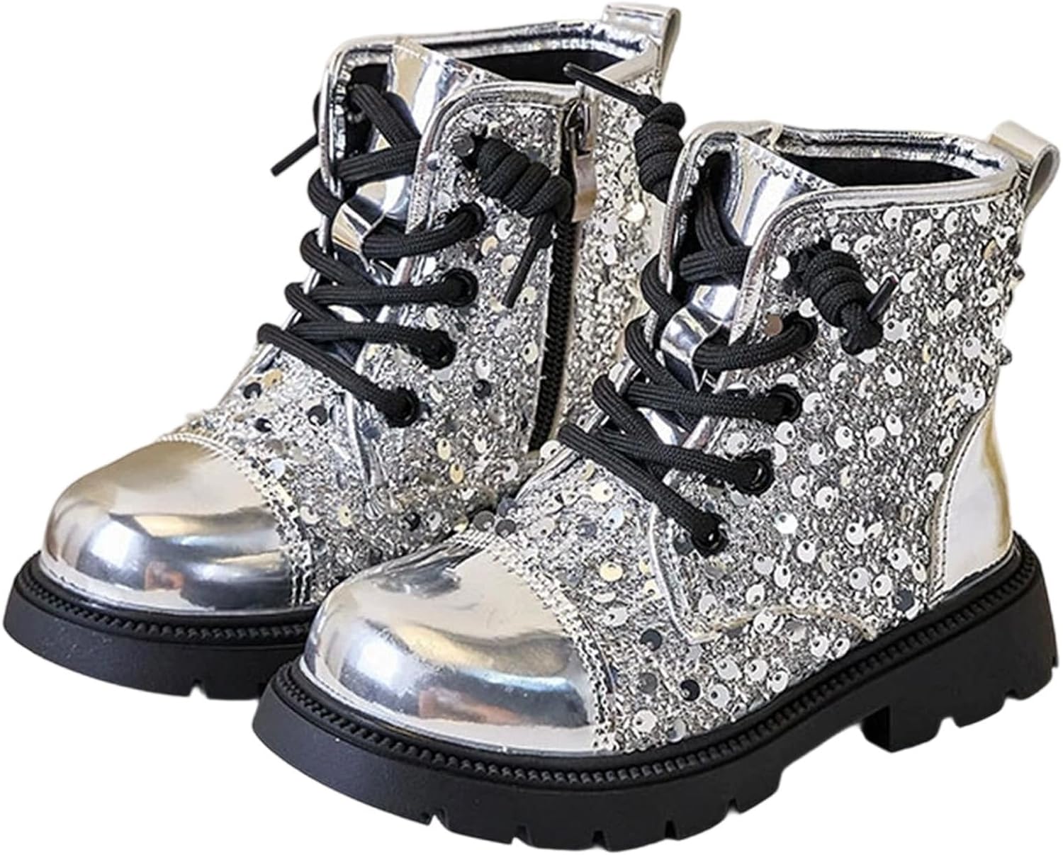 

Девочкам блестящие ботильоны на молнии сбоку, короткие сапожки, модная зимняя обувь для платья, из искусственной кожи, для прогулок, размер 4-11 лет Generic, #005