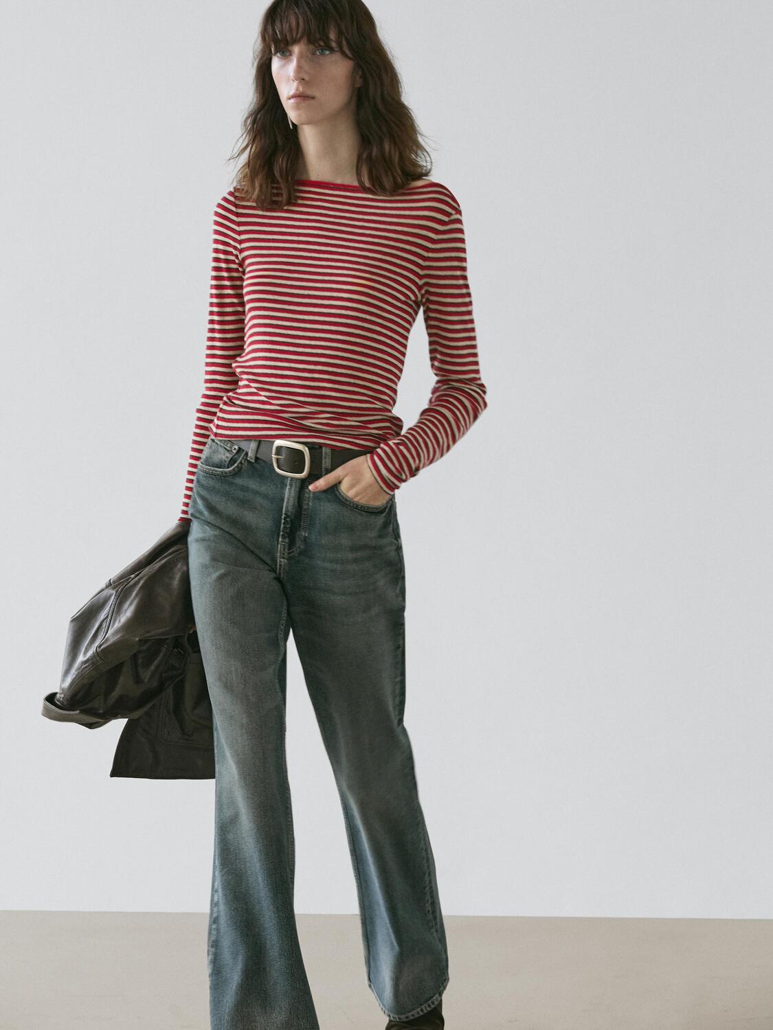 Футболка с длинным рукавом в полоску Massimo Dutti, red — фото 3