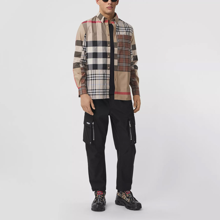 

Классическая клетчатая хлопковая свободная рубашка с длинным рукавом Burberry, светло-миндальный цвет
