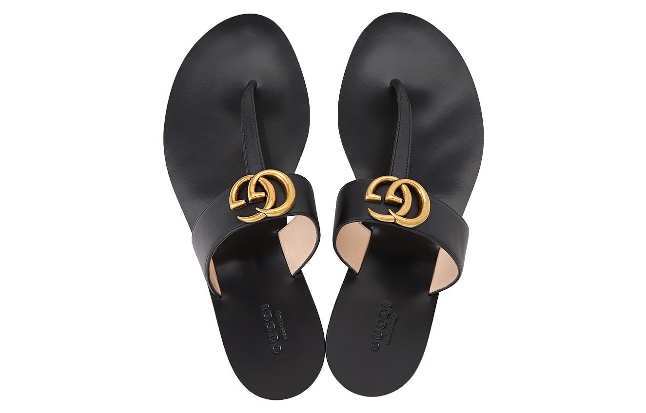 Сандалии (WMNS) Gucci Thong Sandal With Double G 'Black Leather' 497444-A3N00-1000 — фото 4