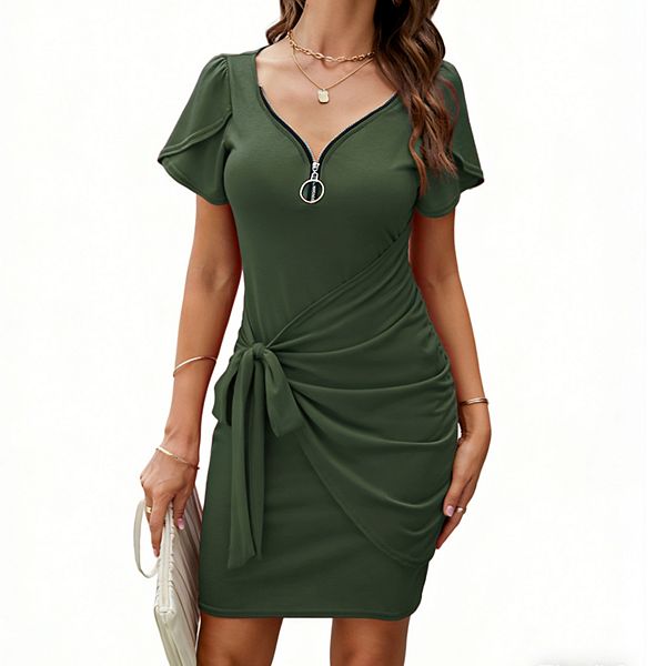 

Женское платье-футляр с молнией спереди, коротким рукавом и поясом Clearflower, Green