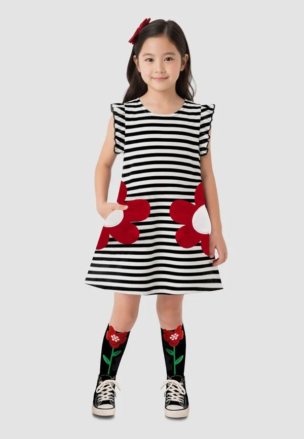 Bekleidung трикотажное платье в черно-белую полоску с объемным цветком Denokids, Multicolor