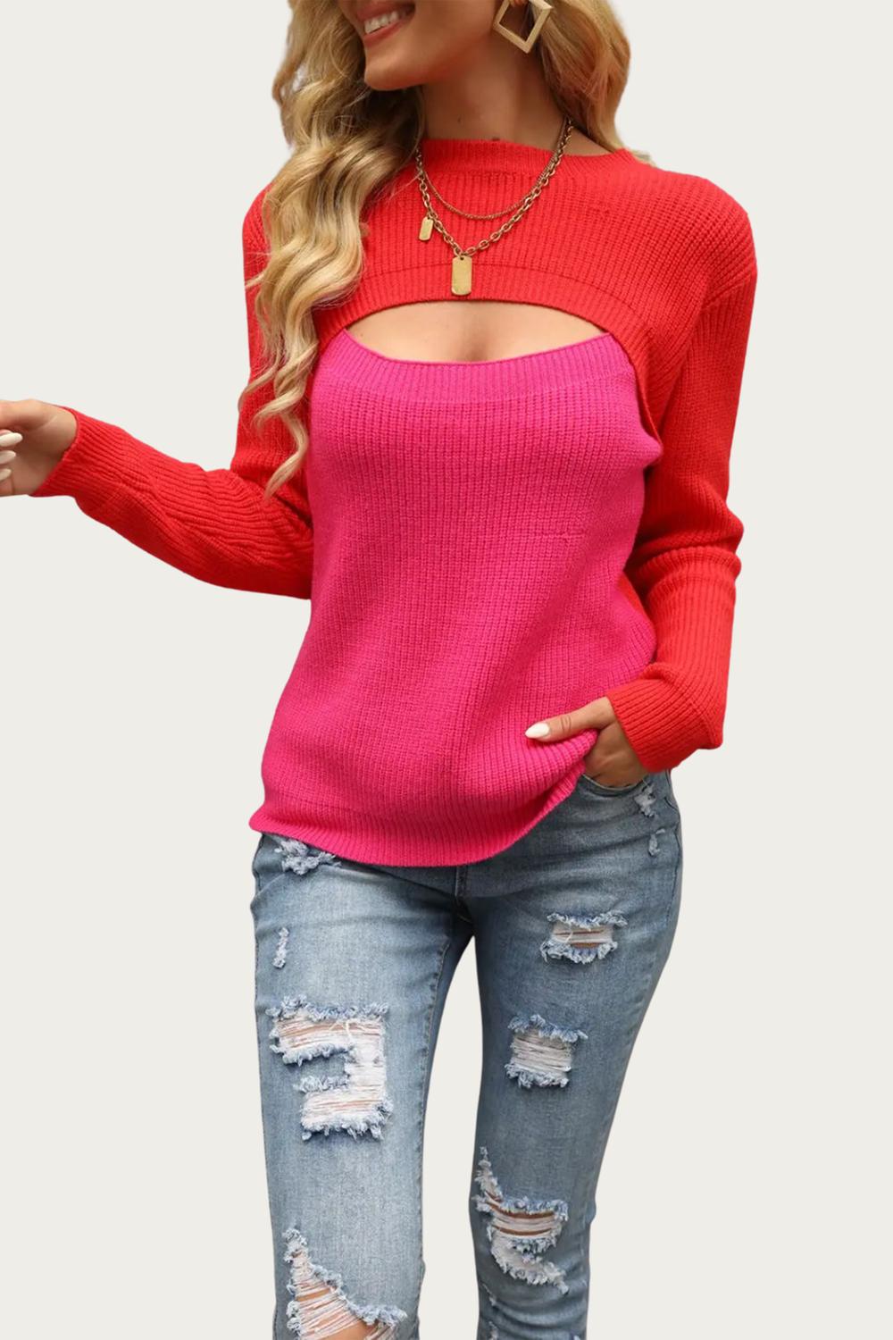 

Двухцветный свитер с вырезом Color Block в красном/ярко-розовом цвете ePretty