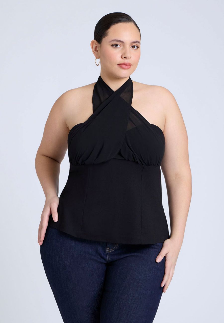 

Женский топ-халтер из шифона больших размеров ELOQUII, Black onyx