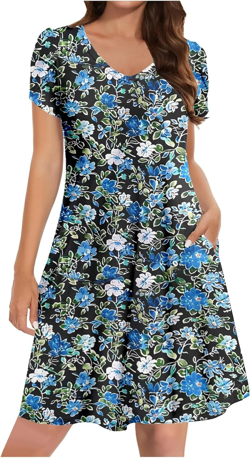 Платья с короткими рукавами для женщин, бохо, цветочный принт, миди-платья, летние пляжные платья, повседневные сарафаны с карманами Generic, мультиколор