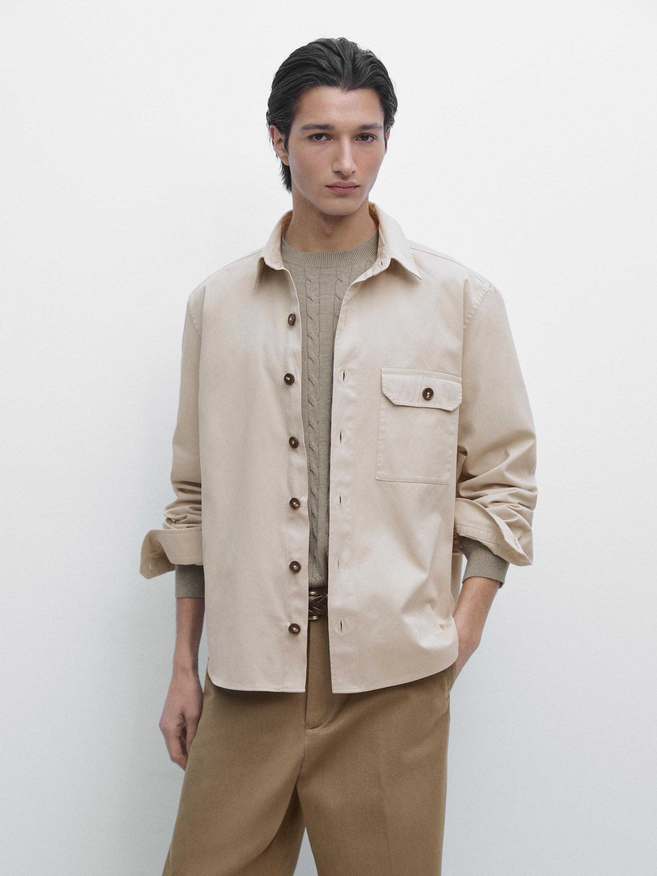 Хлопковая куртка-рубашка с деталями карманов Massimo Dutti, beige — фото 3