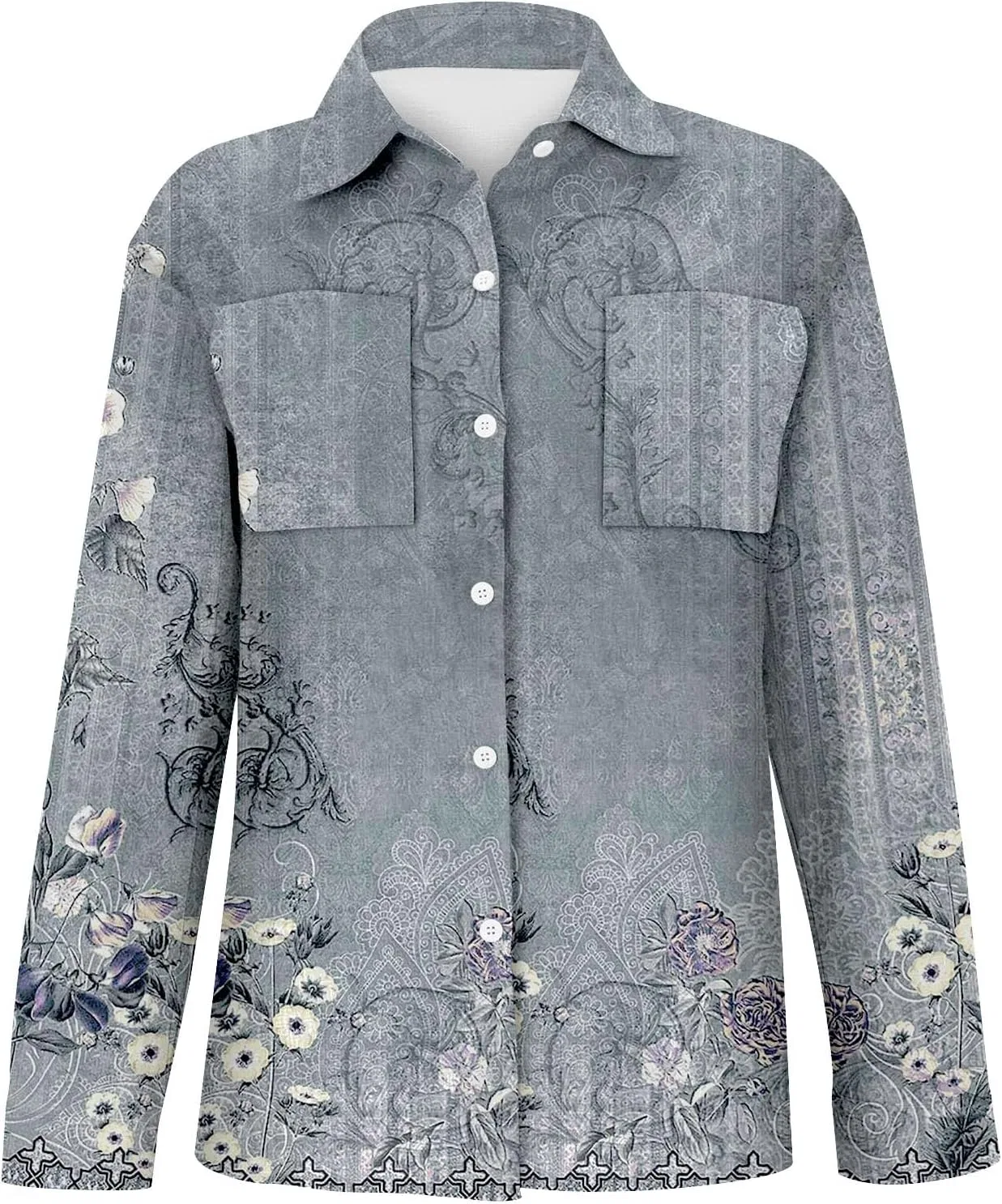Блуза с принтом, длинный рукав Button Down, серый — фото 3