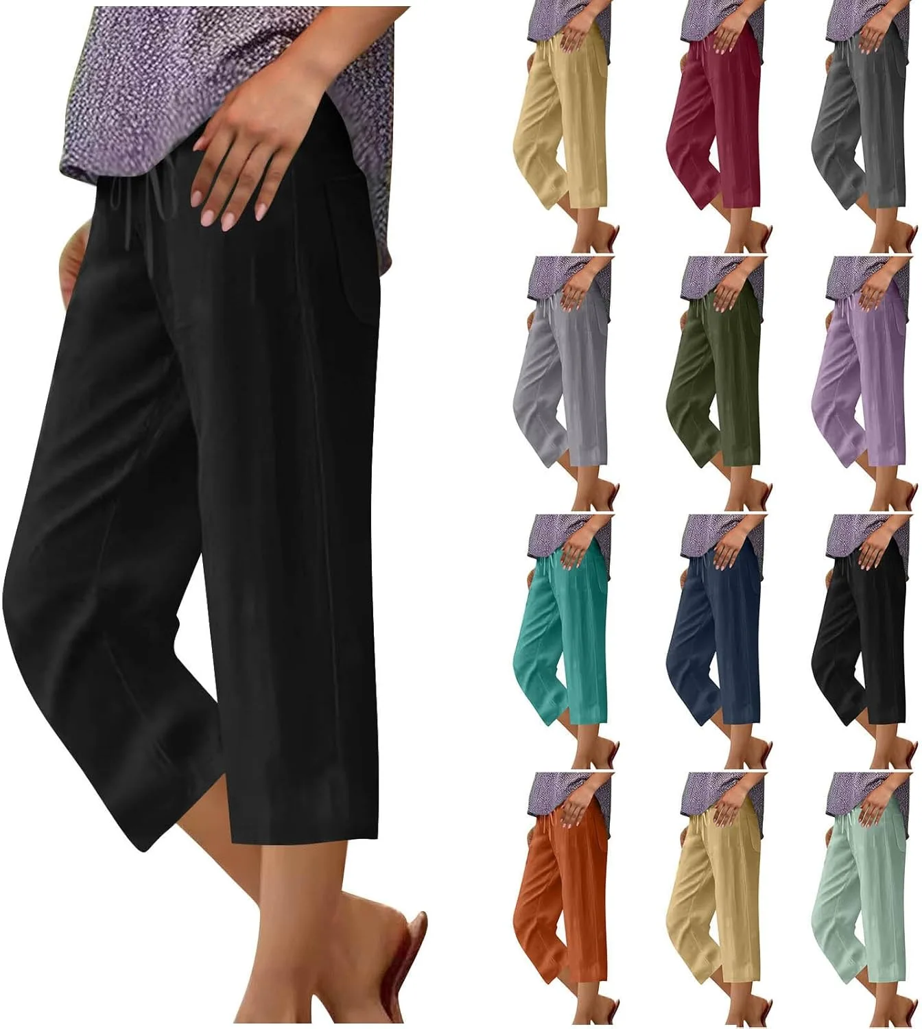 

Льняные капри для женщин с кулиской и широкими штанинами PBNBP