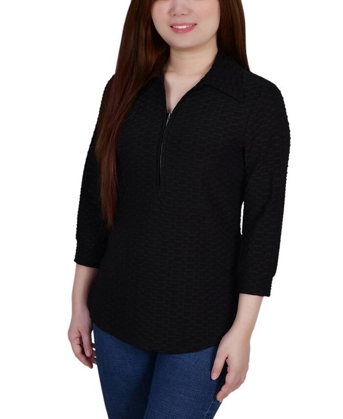 

Миниатюрный топ с сотовой молнией и рукавами 3/4 NY Collection, черный
