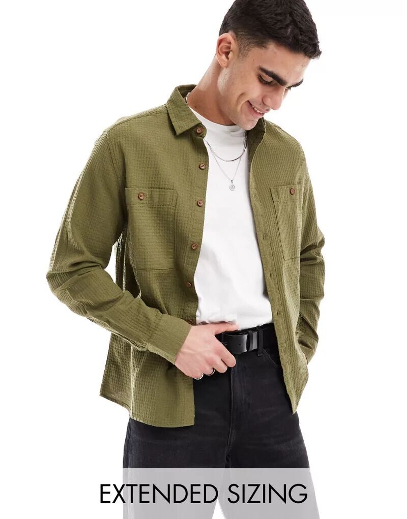 

Вафельная куртка-рубашка с накладным карманом цвета хаки ASOS