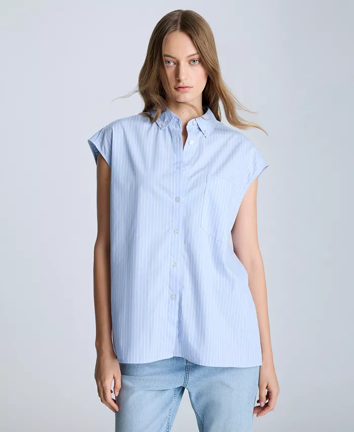 

Женская хлопковая рубашка с полосками и удлиненными плечами Kenneth Cole, синий