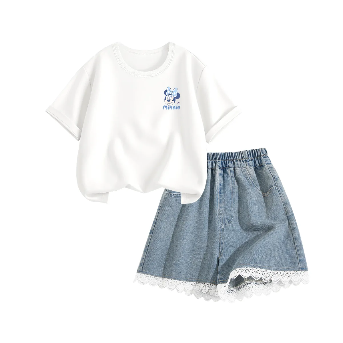 Детская спортивная футболка с круглым вырезом Disney, Dili Qiaopi Ni K White+Solid Color Lake Blue
