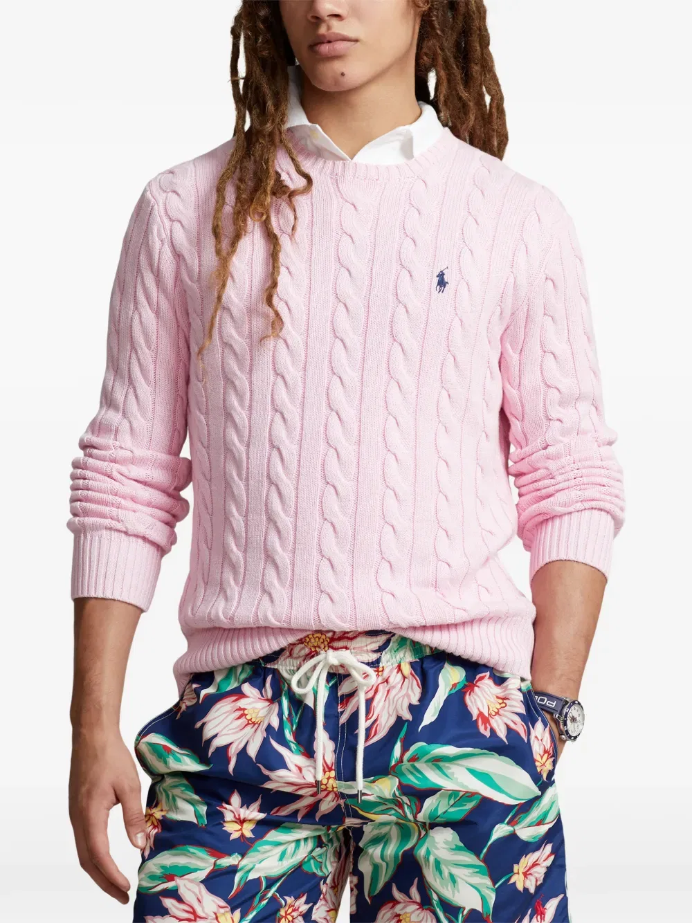 Свитер с круглым вырезом и косами Polo Ralph Lauren, розовый — фото 3