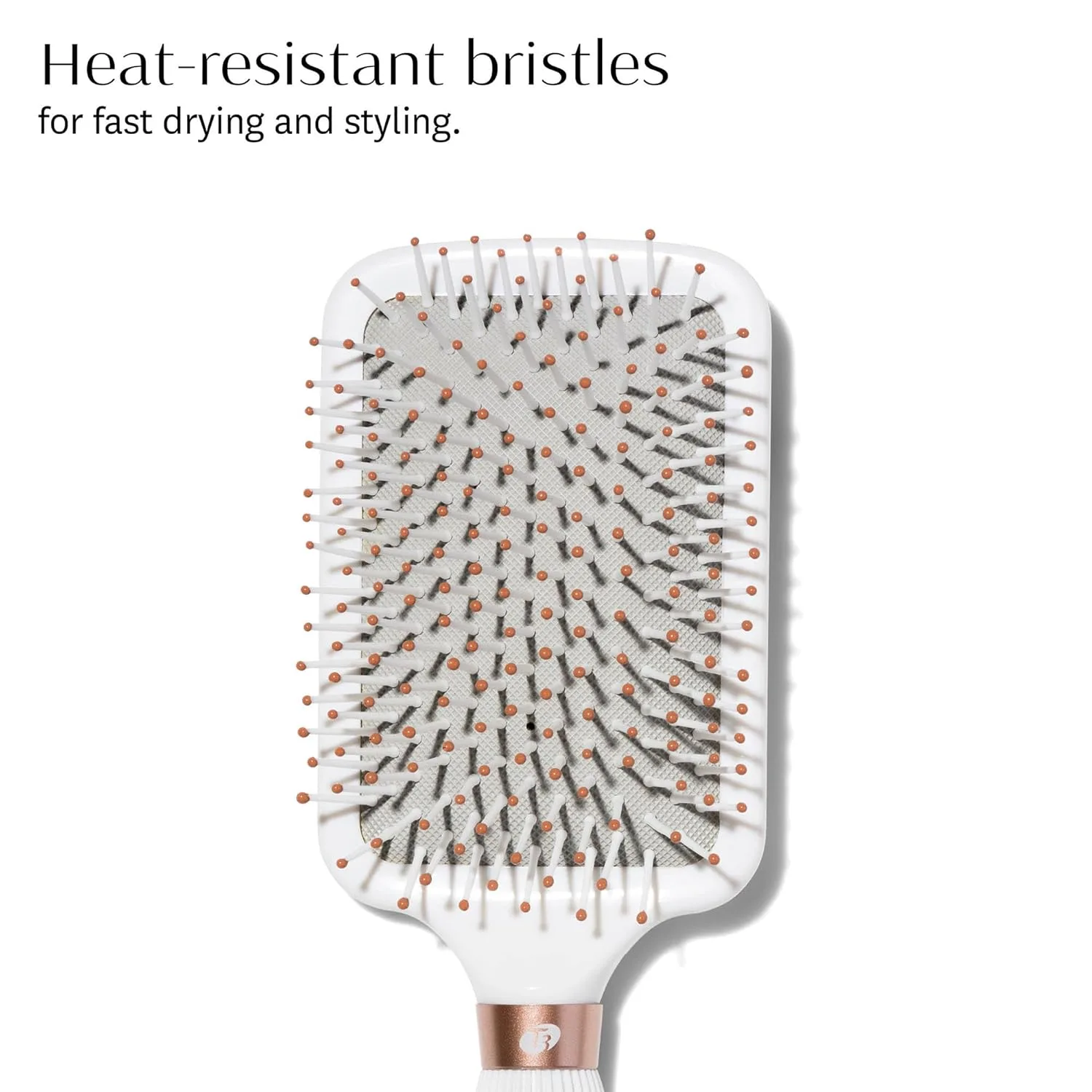 Расческа-щетка T3 Smooth Paddle Brush | Мягкий корпус и широкое плоское основание для бережной укладки | Термостойкие щетинки, White/Rose Gold — фото 2