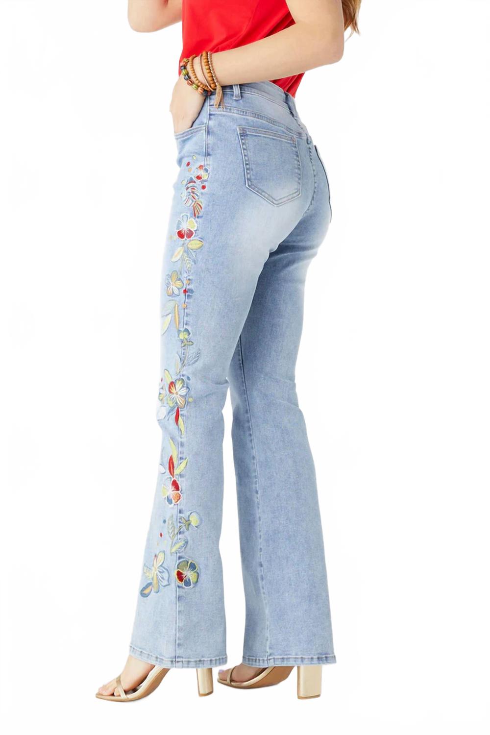 

Эластичные брюки-клеш с яркой вышивкой в синем цвете COCO + CARMEN