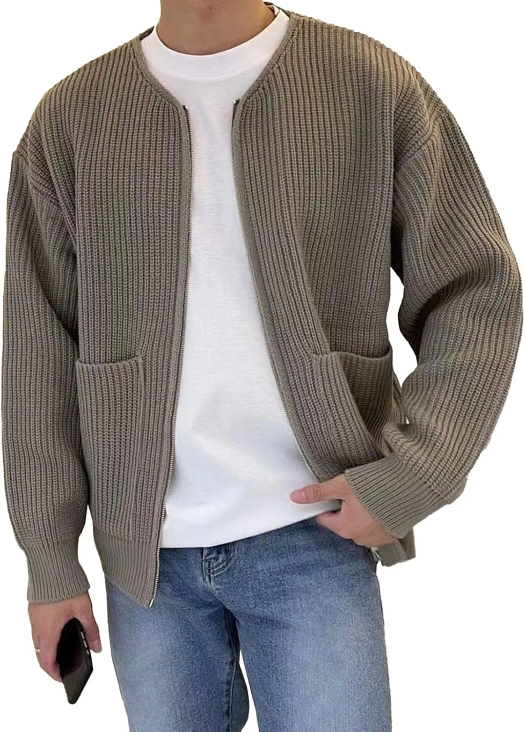 

Мужской вязаный кардиган на молнии свободного кроя JEKE-DG