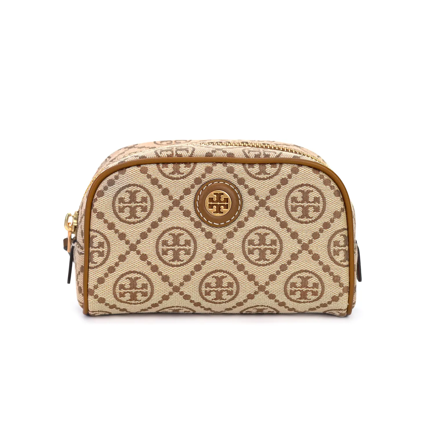 

T Monogram Jacquard Кожаная косметичка, Мини косметичка Женская Лесной орех Коричневый TORY BURCH