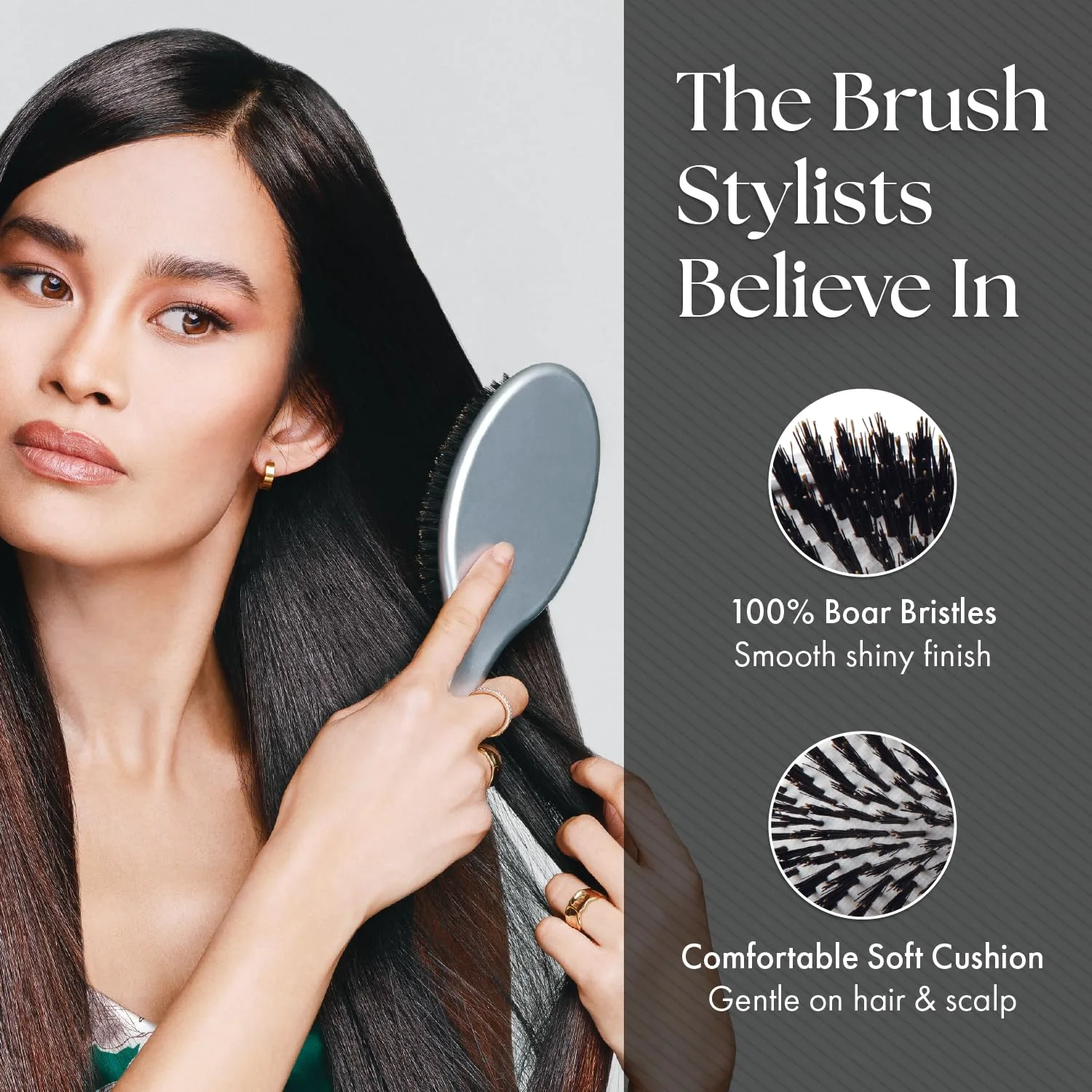 Расческа-щетка Olivia Garden Ceramic + Ion Supreme Styler Cushion Paddle Brush - на основе кабаньей щетины и ионов для блеска, контроля пушистости и разглаживания волос. 100% щетина кабана, Silver — фото 4
