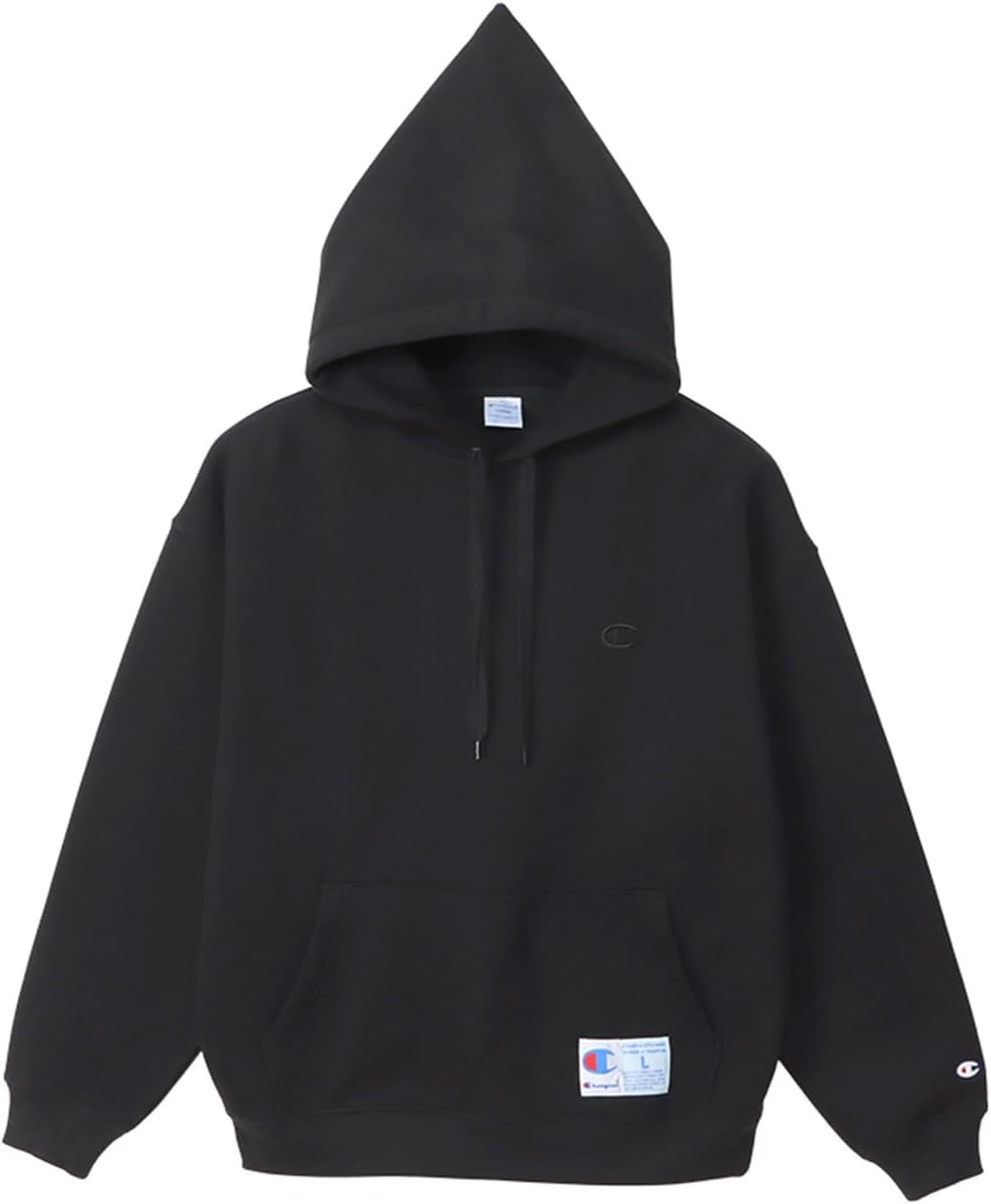 

Толстовка с длинным рукавом, хлопок, производство США, свободный крой, с одним точечным логотипом, капюшоном, спортивный стиль Champion, черный
