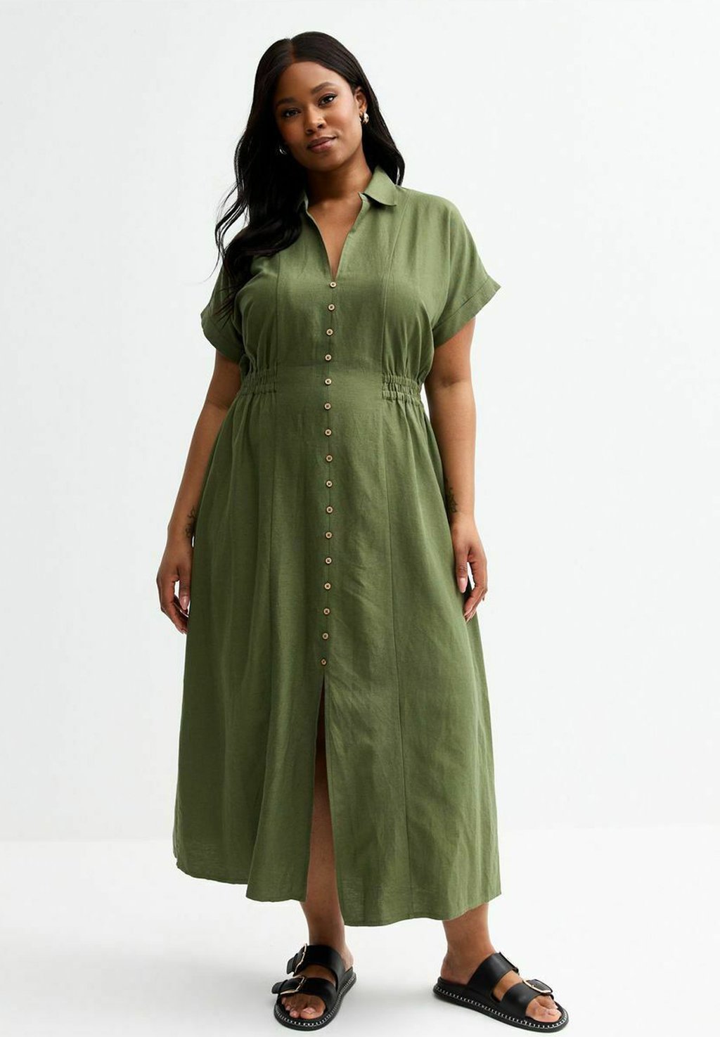 

Платье-рубашка CURVES SHIRRED WAIST MIDI New Look Curves, хаки