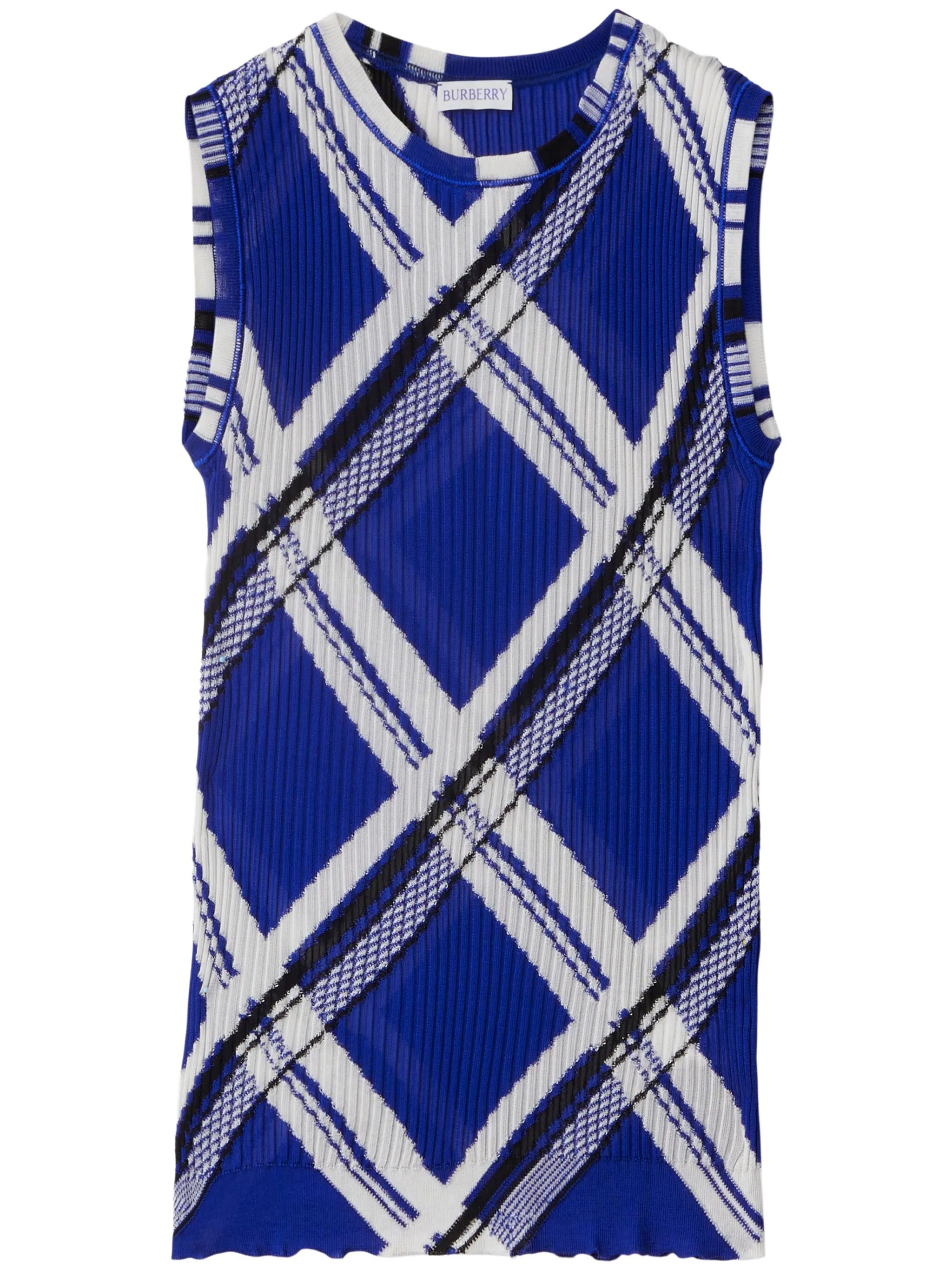 

Шелковый клетчатый топ в рубчик Burberry, синий