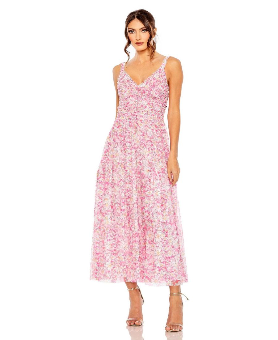 

Женское сетчатое платье с V-образным вырезом и цветочным принтом Mac Duggal, Pink Overflow