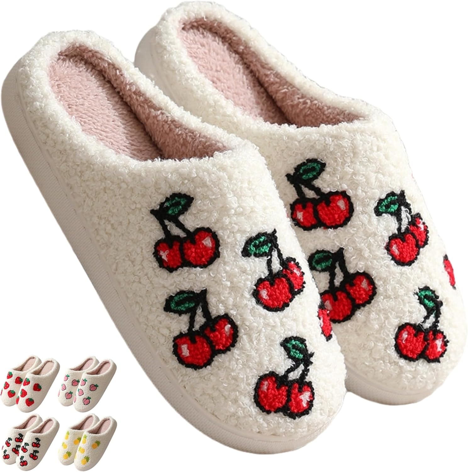 

Унисекс уютные домашние тапочки для женщин и мужчин, плюшевые хлопковые тапочки на меху для дома, зимние теплые спальняные туфли с фруктовым узором Iwhgrmp, Cherry