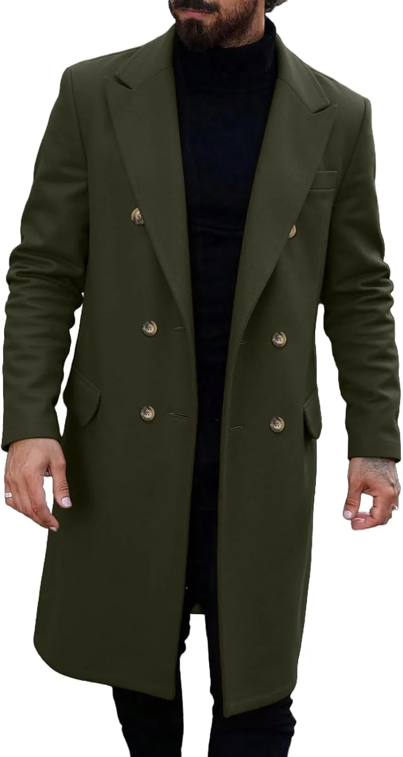 Мужское пальто с отложным воротником, двубортное, средней длины, в стиле pea coat, для бизнес-кэжуал, ветровка, зимнее, теплое, пальто Generic, зеленый — фото 2