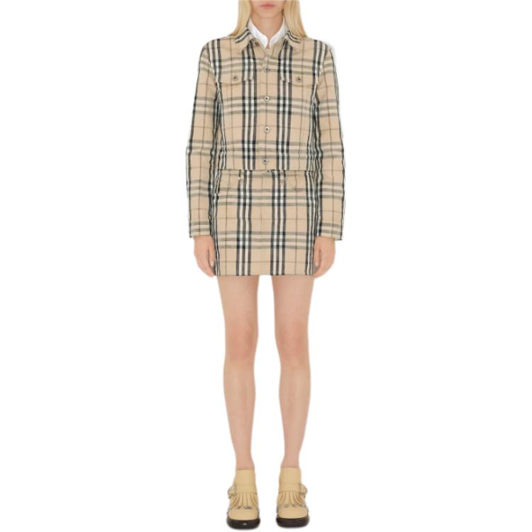 Куртка кроп Burberry с клетчатым принтом, бежевый — фото 3