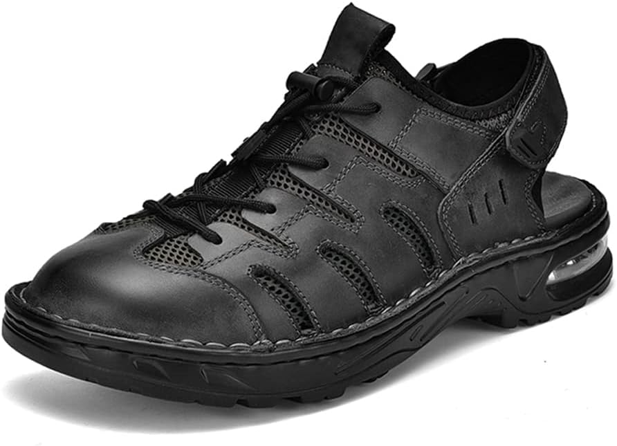 

Мужские закрытые пляжные сандалии YONGJIA с кожаным верхом, регулируемыми ремешками и амортизирующей подошвой, черный