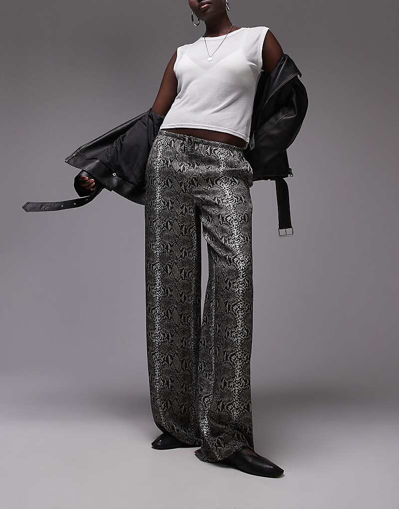 

Широкие брюки из атласа Topshop Tall из змеиной кожи с завязкой на талии