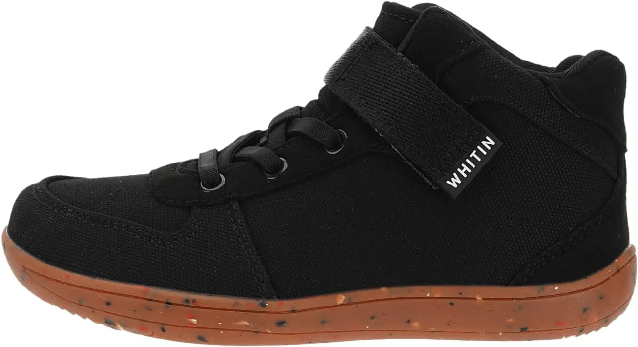 

Высокие сникеры WHITIN для мальчиков и девочек с широкой колодкой, босоножечный стиль + нулевая амортизация + минималистичные кроссовки для маленьких и больших детей, черный