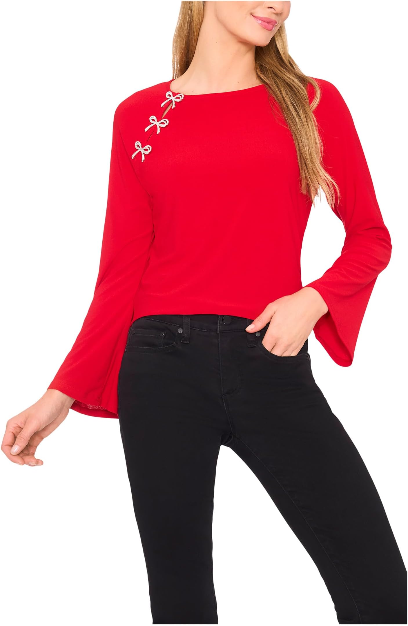 

Топ CeCe Pearl Bow Applique Long Sleeve Knit Top, цвет Luminous Red 1