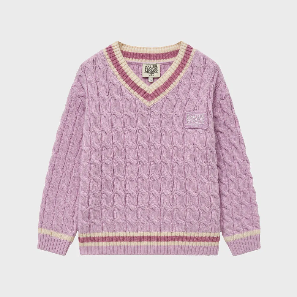 Детский вязаный свитер Enfant V-Neck Cable Knit светло-фиолетовый от Marithé Kids — фото 2
