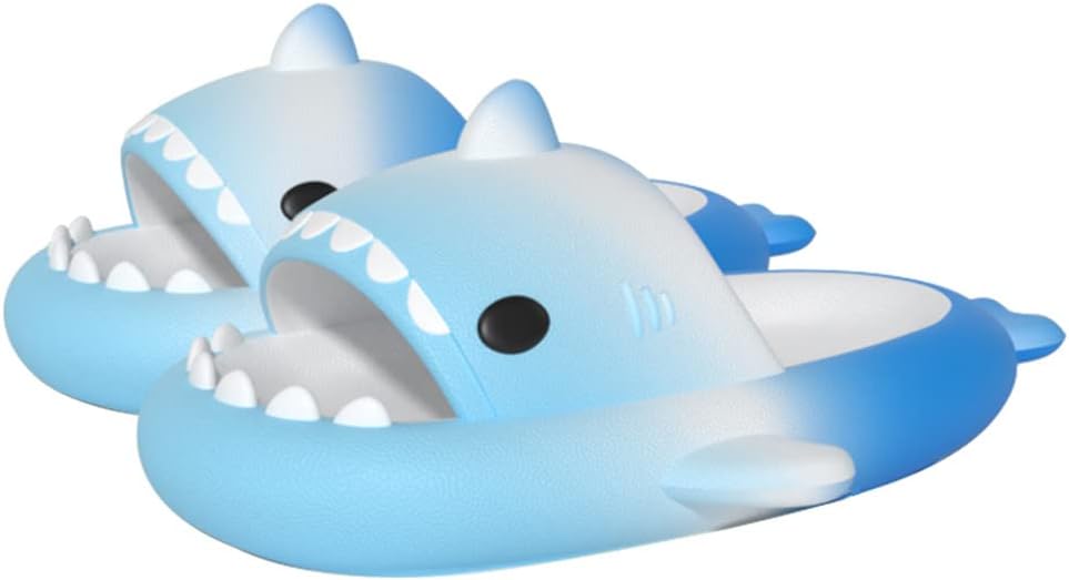 

Милые тапочки с градиентным рисунком в виде акулы, пляжная обувь с мягкой подошвой 4 см, летние тапочки-акулы для женщин и мужчин, из ЭВА, нескользящие, для ванной комнаты, для дома и улицы Kaitesi, белый/синий