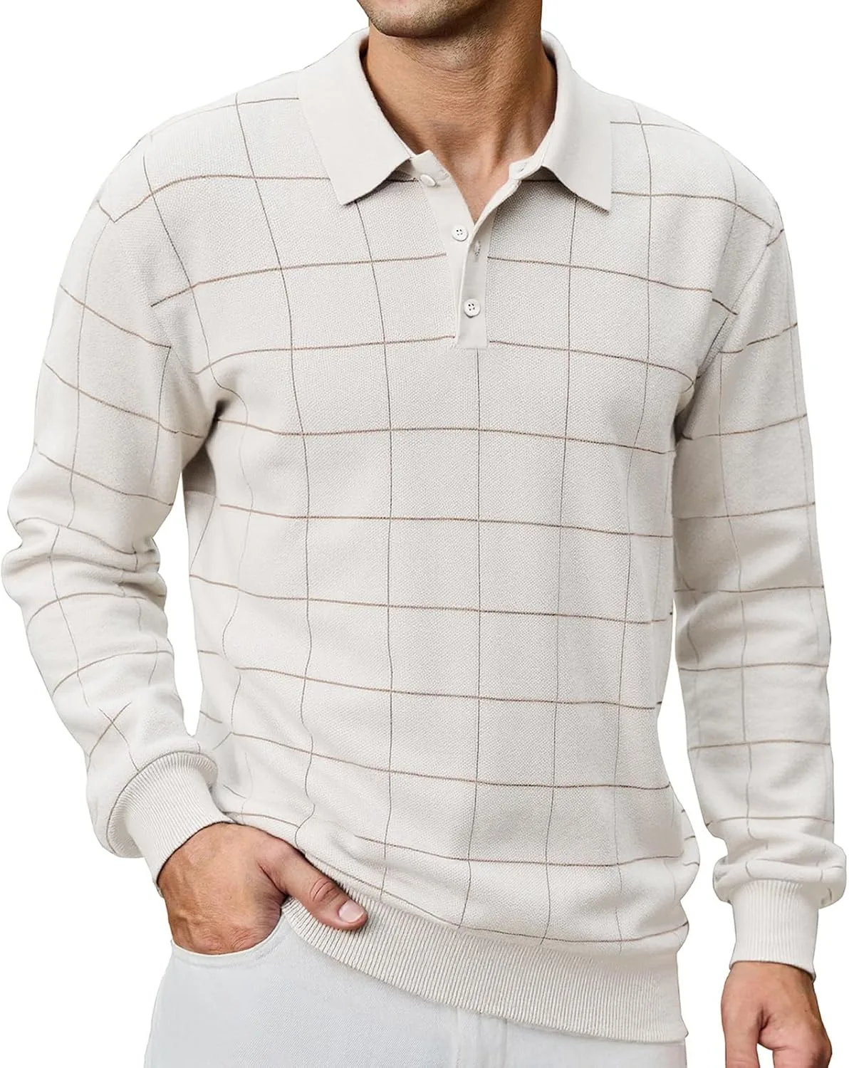 

Мужской свитер Vintage Plaid Knit Polo с длинным рукавом и резинкой CTU