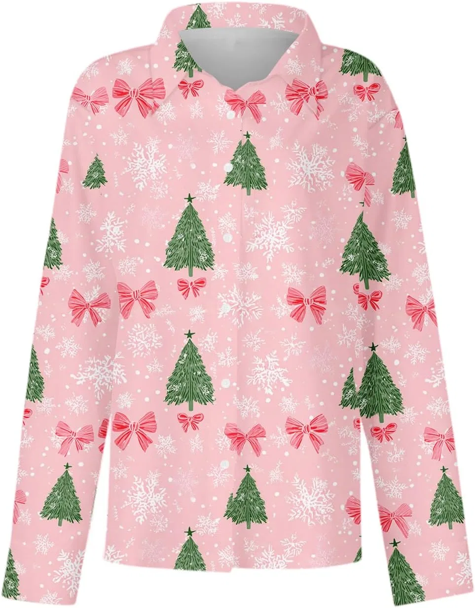 Футболка женская с рождественским принтом, на пуговицах, длинный рукав, 2-pink — фото 3