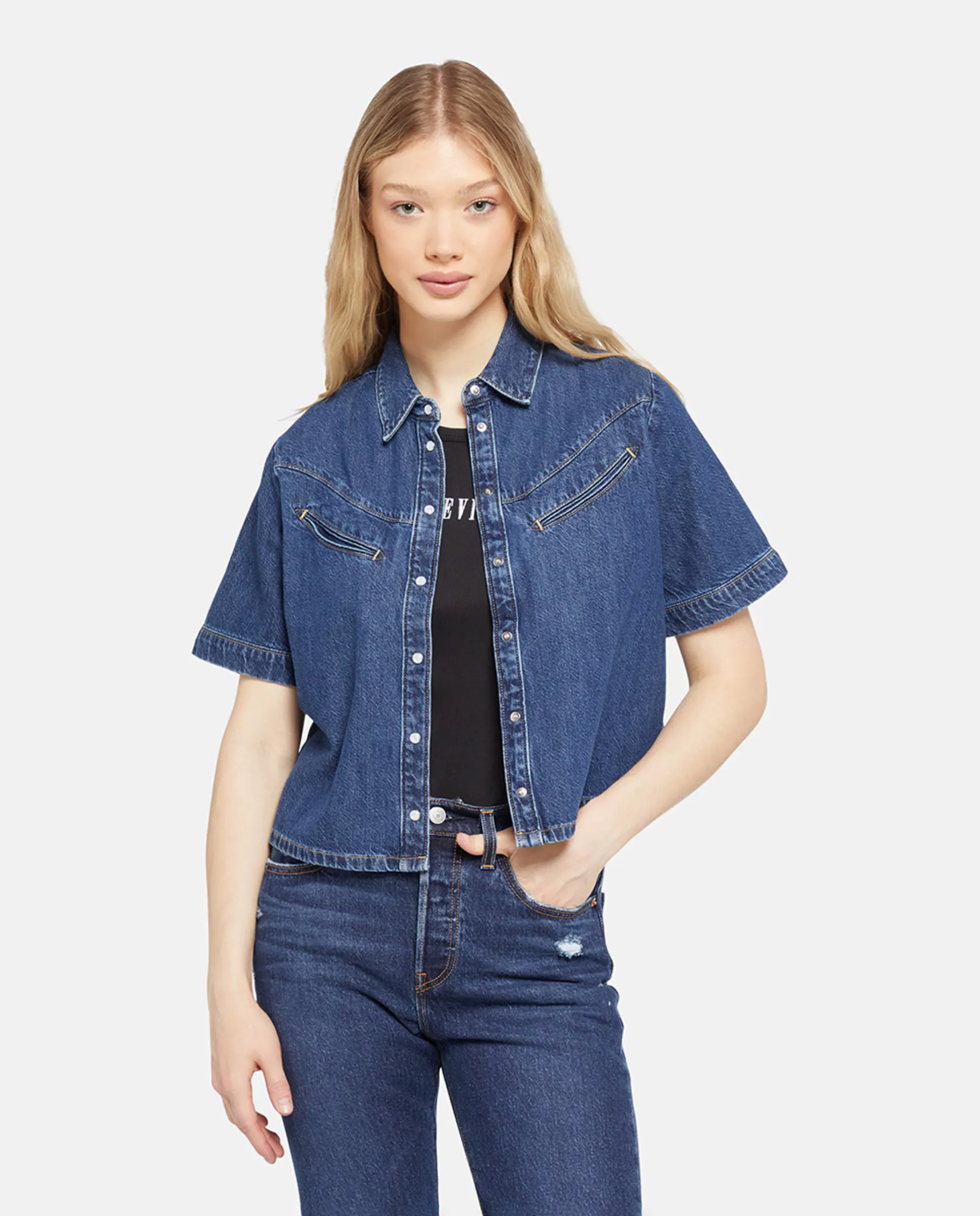 

Женская джинсовая рубашка с короткими рукавами Levi's, темно-синий