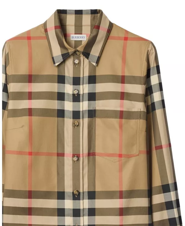 Рубашка Burberry хлопковая приталенная в клетку, бежевый — фото 3