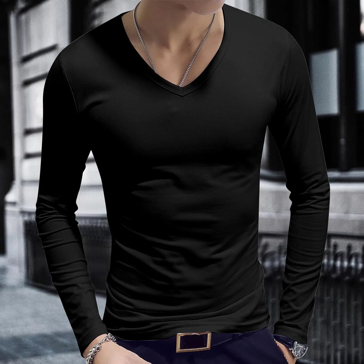 Мужская футболка с длинным рукавом V-образным вырезом, дышащая, спортивная, Black — фото 2