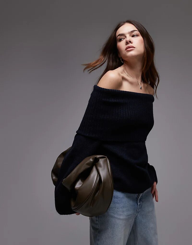 

Трикотажный топ с открытыми плечами темно-синего цвета Topshop