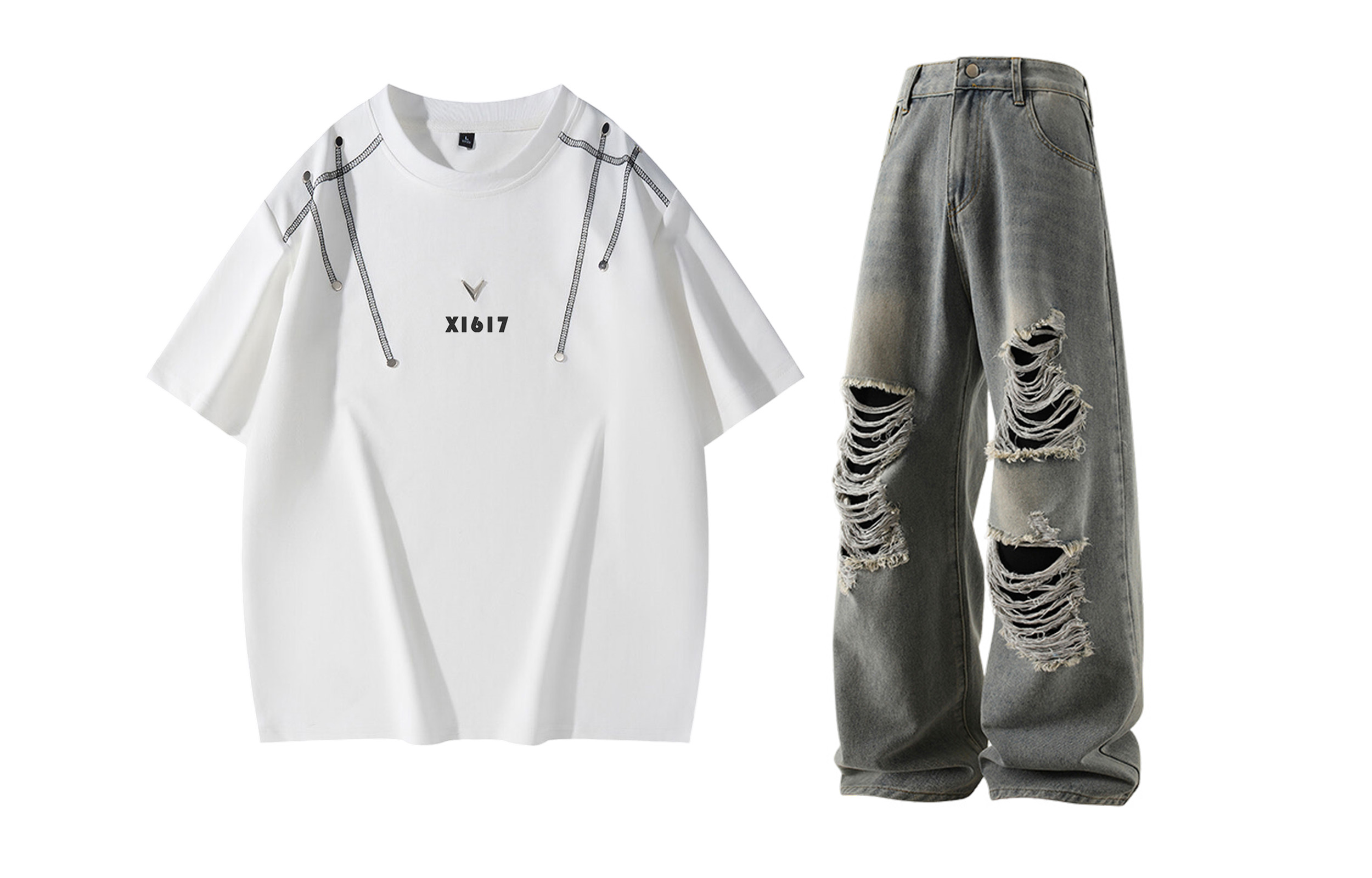 

Повседневный спортивный свитер Unisex с круглым вырезом Moderate X1617, белый short-sleeved shirt+vintage синий ripped jeans