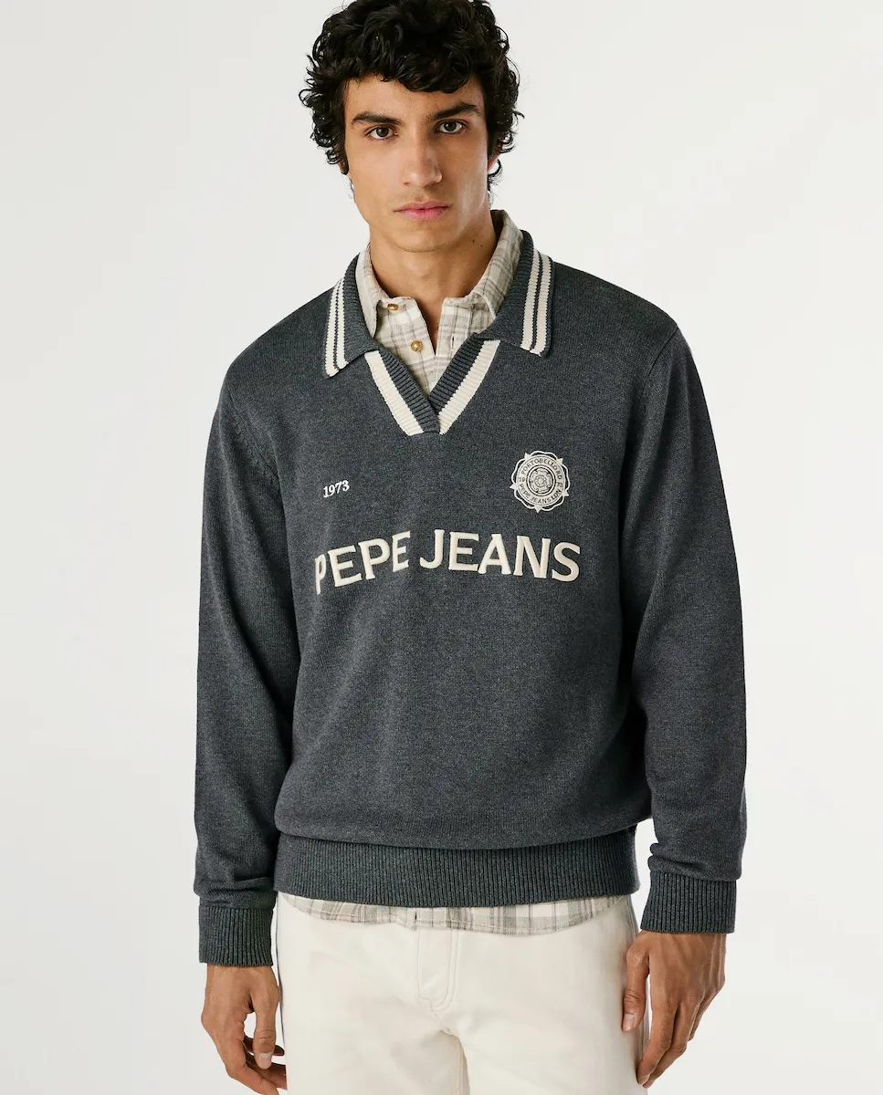 

Мужской джемпер с воротником поло и вышитым логотипом Pepe Jeans, серый