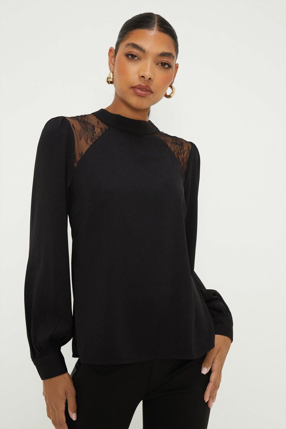 

Блузка с длинными рукавами и кружевными плечами Dorothy Perkins, черный