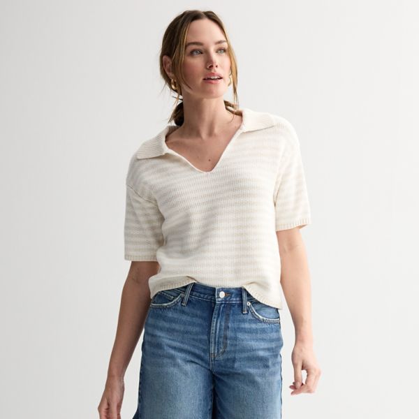 

Женский свитер с короткими рукавами и воротником Sonoma Goods For Life, цвет tan small stripe